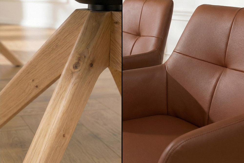 Drehbarer Stuhl ALMARA cognac braun Echtleder 360° Taschenfederkern Eiche Massivholz