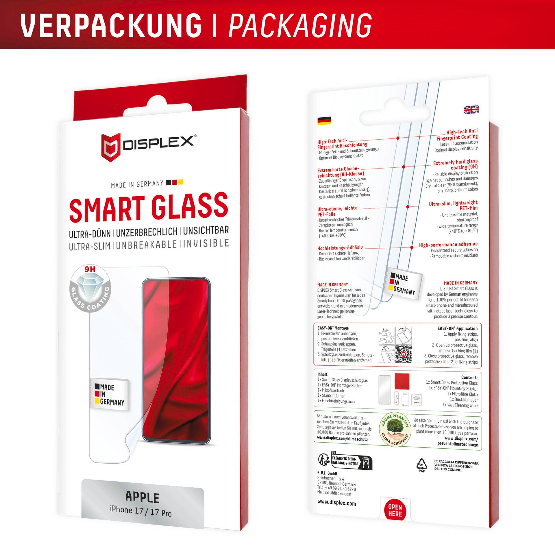 Displex Displayschutzglas »Smart Glass Screen Protector« für Apple iPhone 17;Apple iPhone 17 Pro Displayschutzfolie, Schutzfolie, Bildschirmschutz, kratz- & stossfest