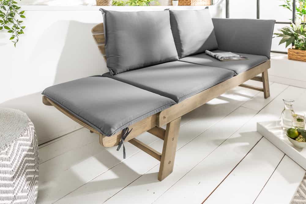 Massivholz Sitzbank MODULAR 155-190cm grau Akazie inkl. Kissen Gartenbank klappbar
