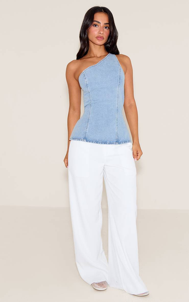 Light Blue Wash Haut En Denim Petite Asymétrique Dos Ouvert
