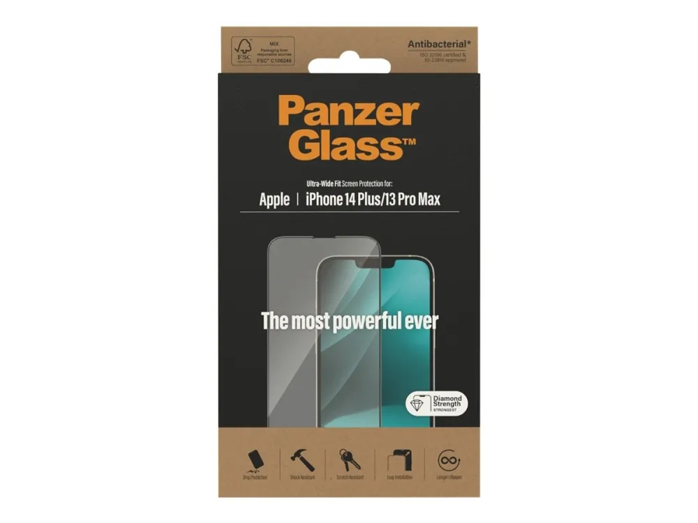 PanzerGlass™ | Antibacterial - Skærmbeskytter for mobiltelefon - Ultra-Wide Fit - rammefarve sort | Apple iPhone 13 Pro Max/14 Plus