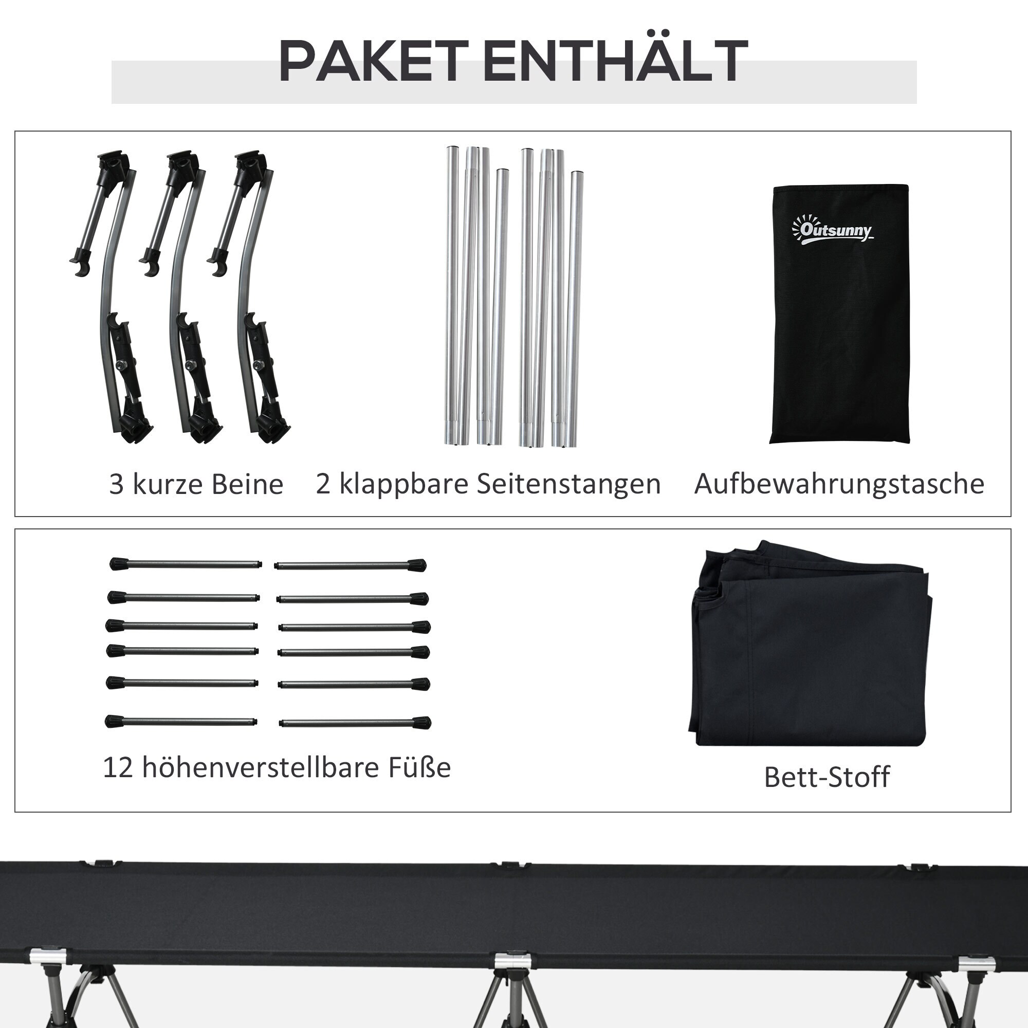 Outsunny Feldbett mit Tragetasche schwarz 190L x 65B x 38Hcm