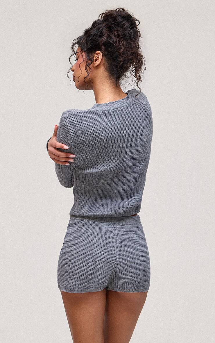 Gris Cardigan Col Rond À Boutons En Maille Gaufrée