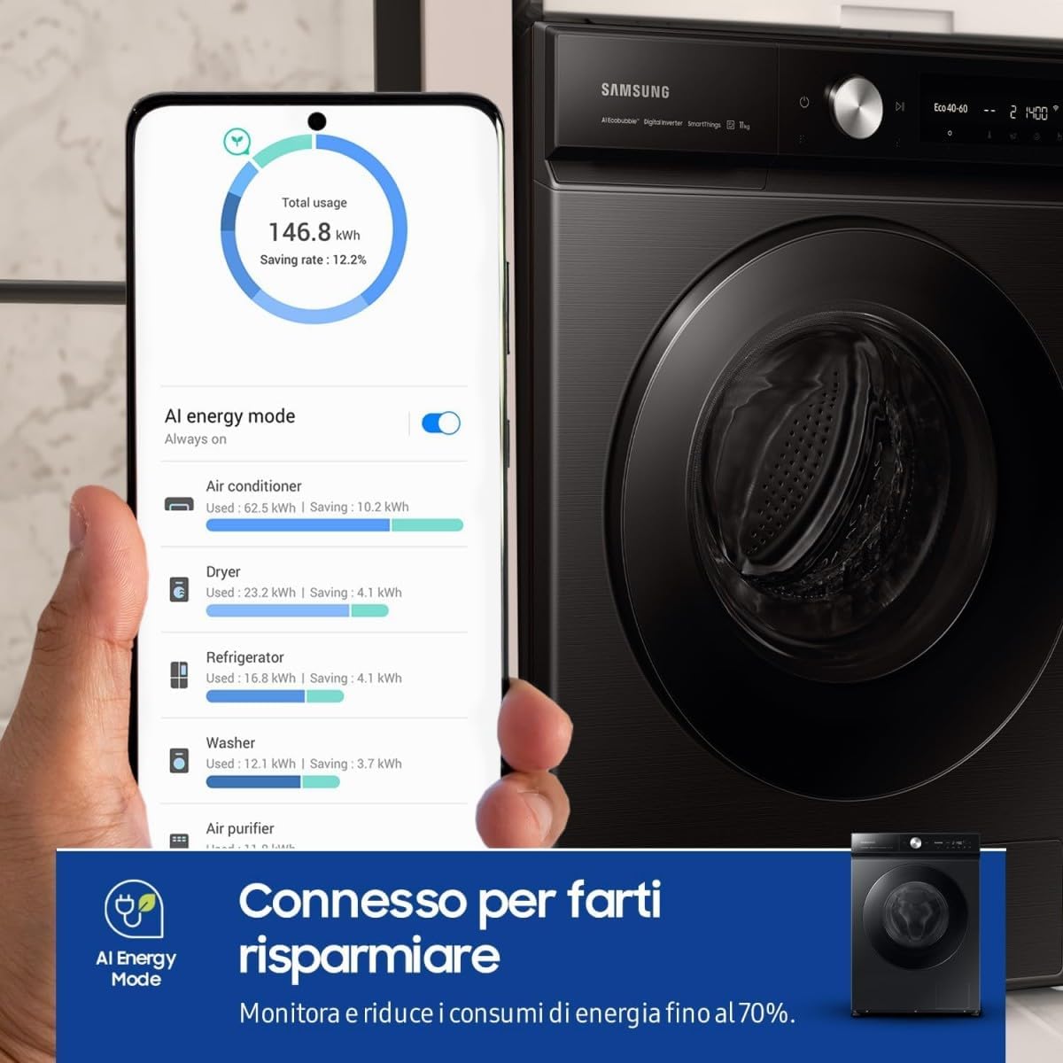 Samsung Elettrodomestici Bespoke Lave-linge Autonome 11 kg AI Control QuickDrive Vapeur Chargement frontal 60 x 85 x 60 cm