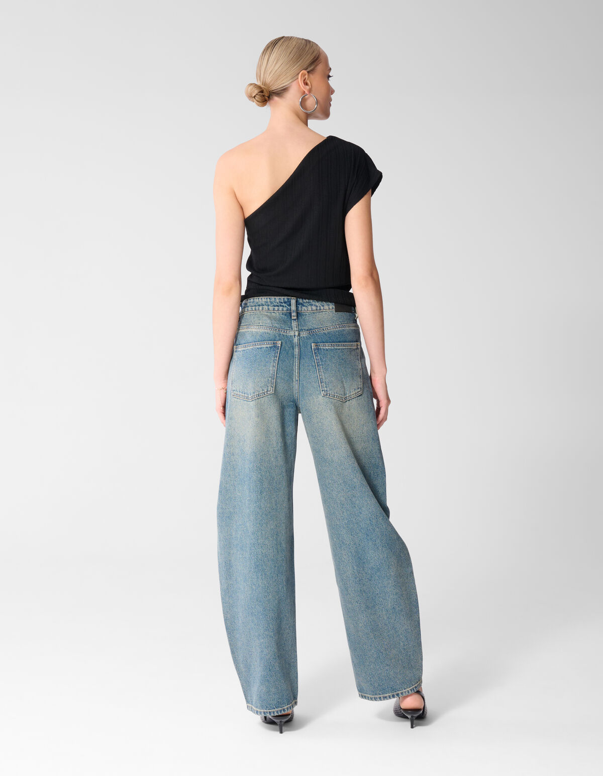 Pleated One Shoulder Top Zwart