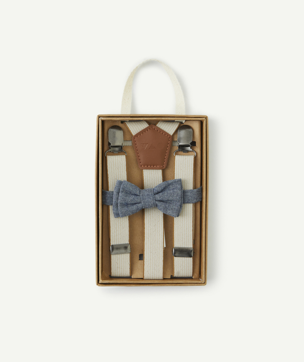 SET BRETELLES ET NOEUD BÉBÉ GARÇON BEIGE MARRON ET EFFET DENIM