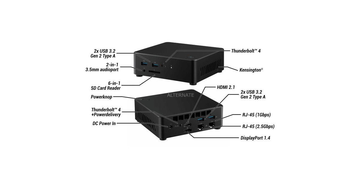 ALTERNATEWorkstation Nuc Core 5 120U pc-systeem  (Zwart | Core 5 120U | Iris Xe Graphics | 32 GB | 1 TB SSD)