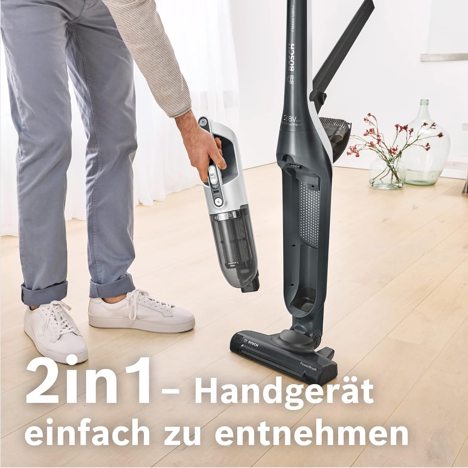 Bosch Akku-Staubsauger Flexxo 2in1 Serie 4 BBH3P280, kabelloser Handstaubsauger, beutellos, hohe Saugleistung, lange Laufzeit, Düse mit LED Beleuchtung, alle Bodenarten, dunkelgrau