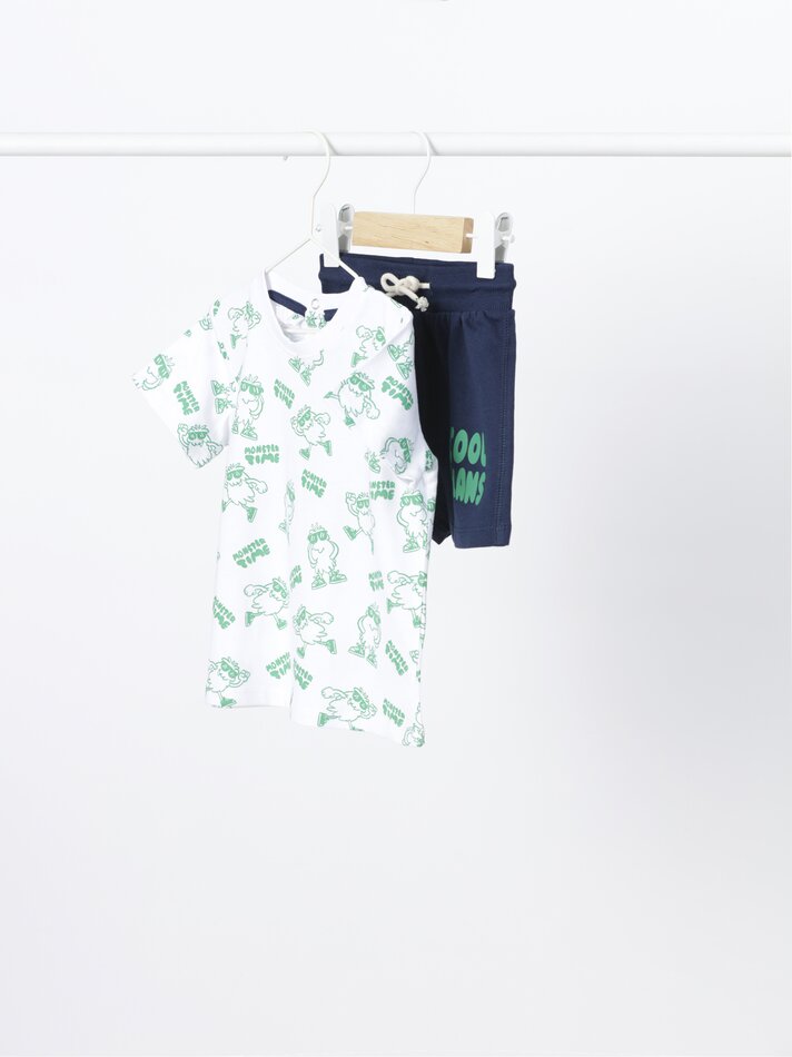 Conjunto de camiseta estampada e bermuda - Azul-marinho