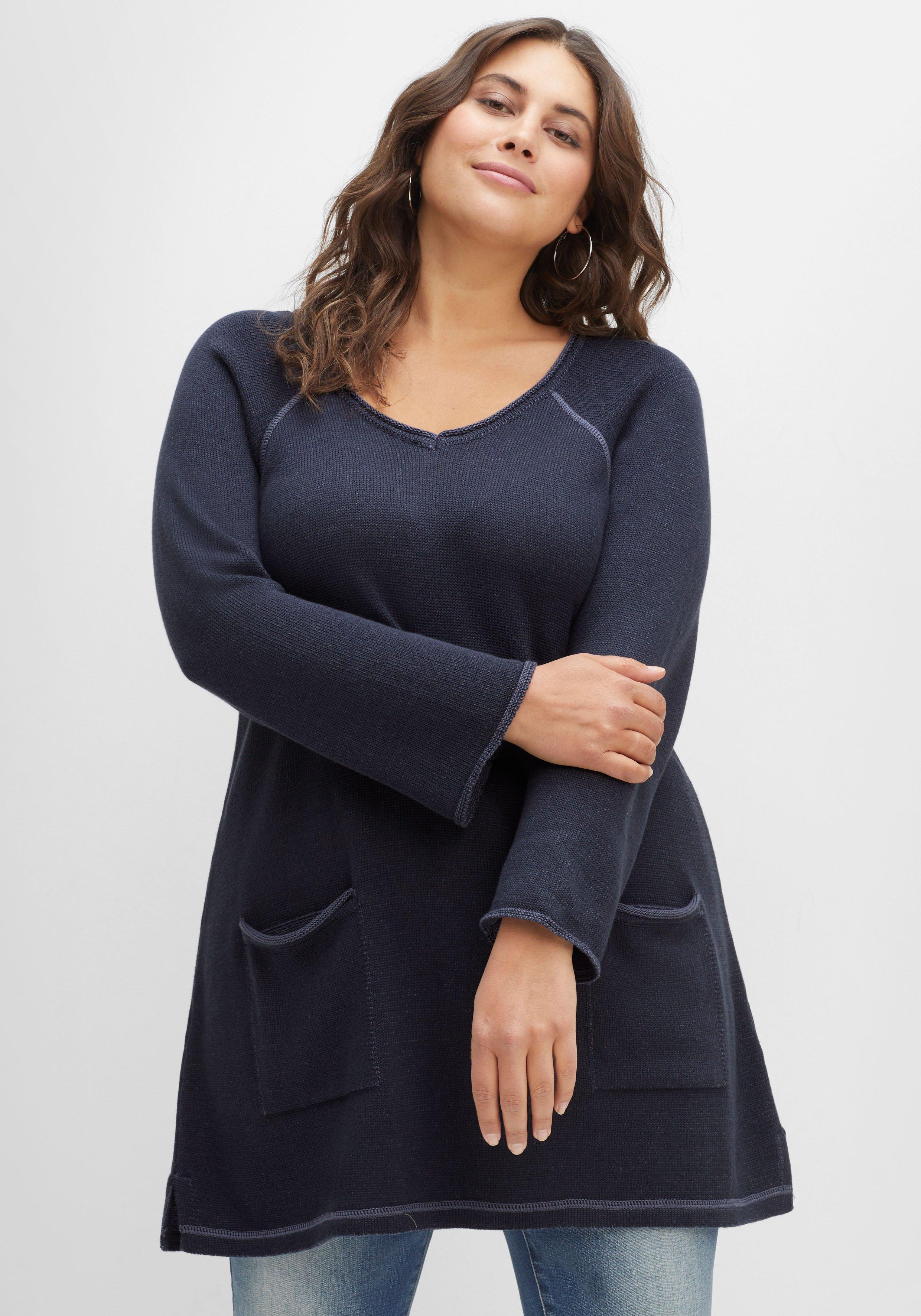 Longpullover mit V-Ausschnitt und Taschen vorn