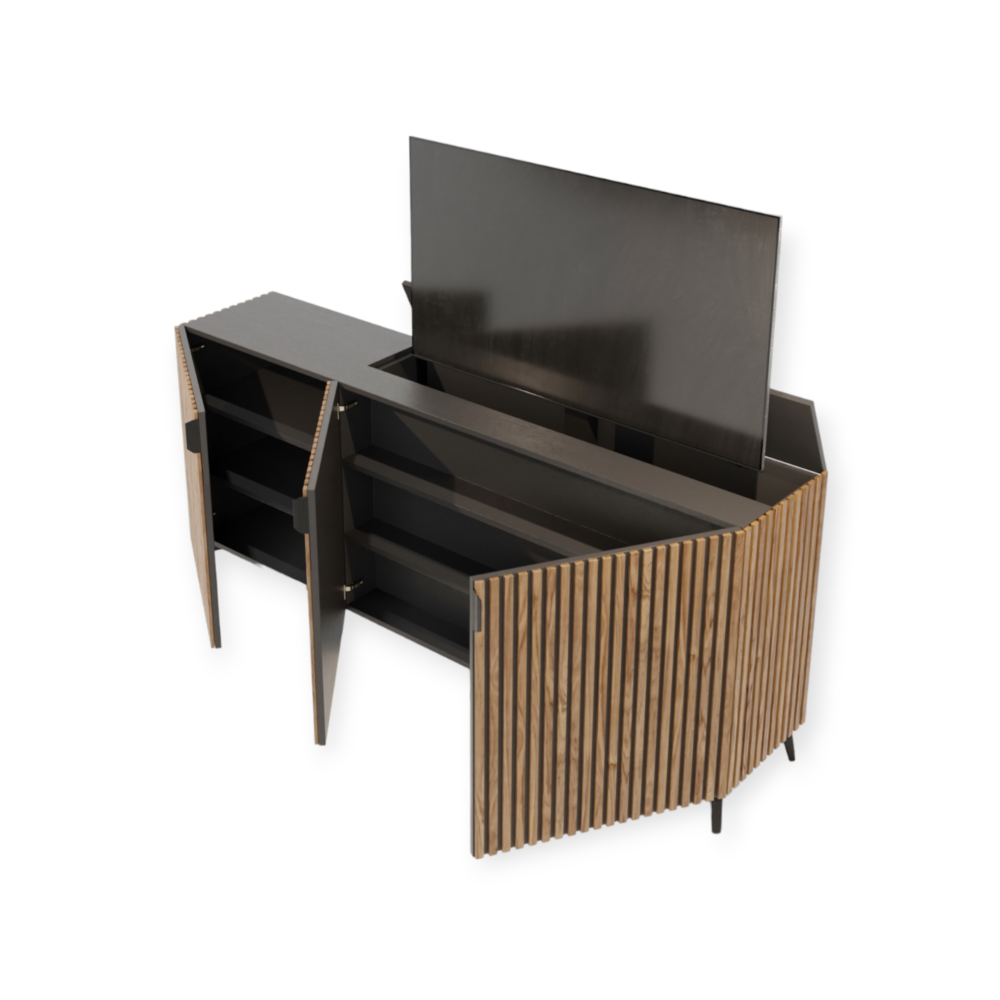 TV lift meubel Modern Latjes 55 inch 3 deurs rondom afgewerkt met latjes