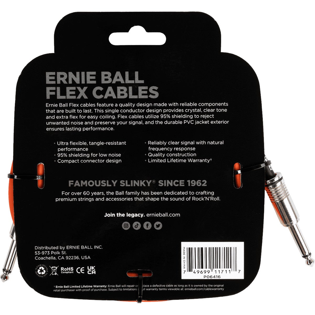 Ernie Ball 6416 Flex 3 meter instrumentkabel oranje