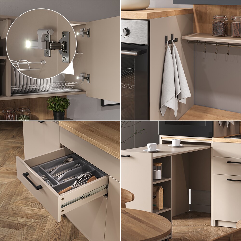 Vicco Singleküche Egbert Greige Eiche 160 cm mit ausziehbarem Tisch