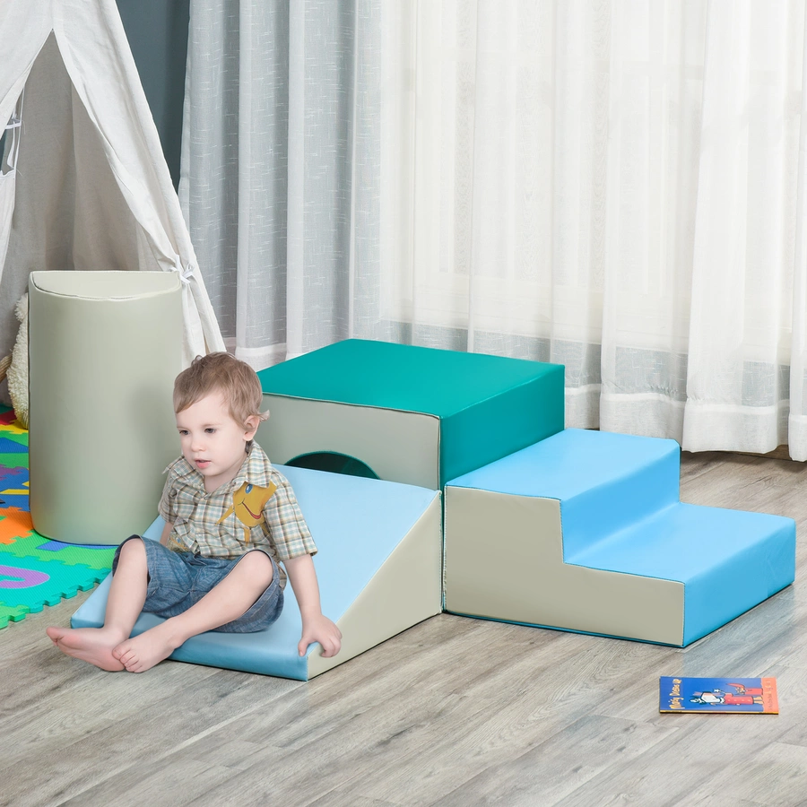 HOMCOM Bausteine 4er-Set Bausteine Schaumstoffblöcke, einfache Reinigung Hellgrau,Blau.Grün