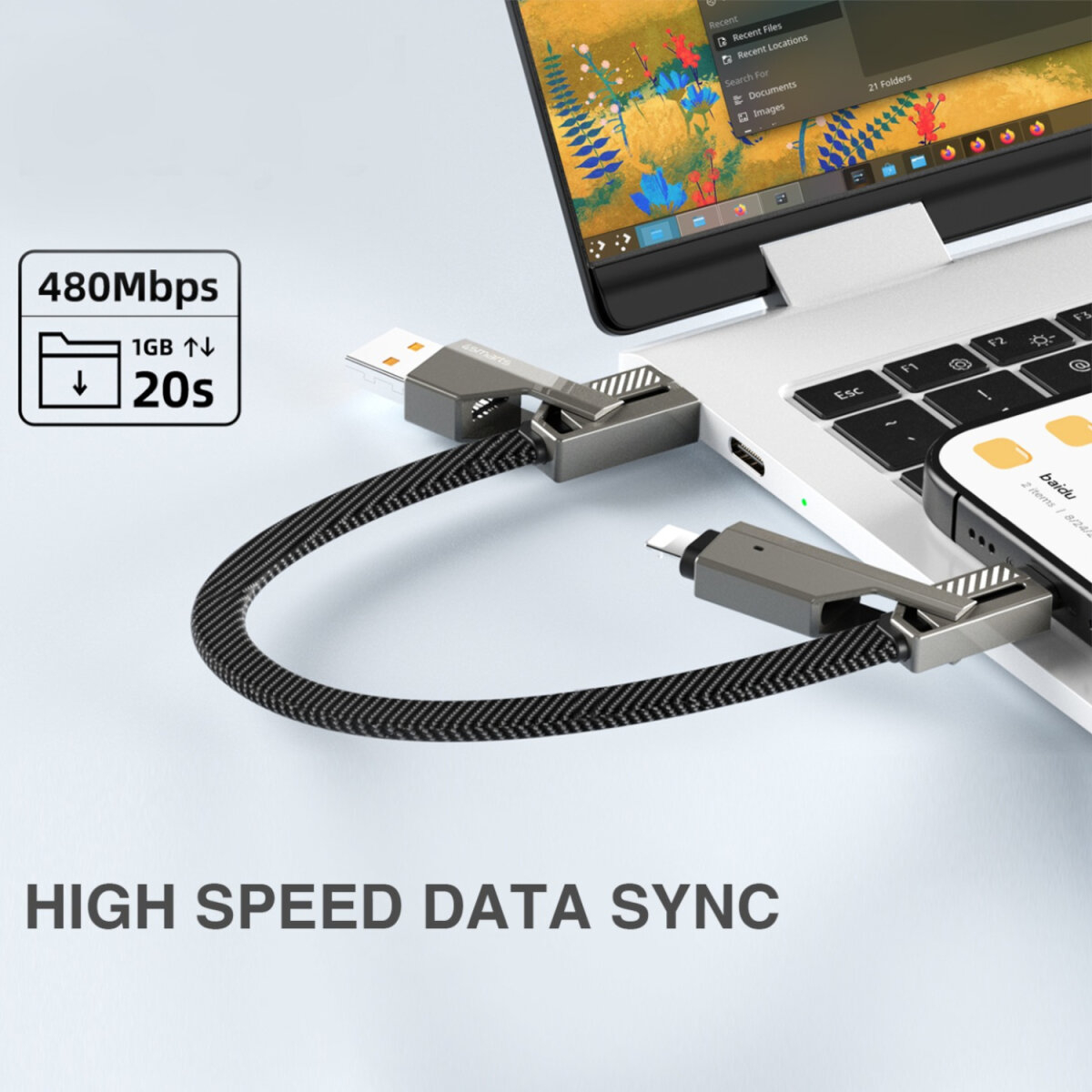 (1.5m) 240W 4in1 USB C / USB A auf USB C / Lightning Nylon Ladekabel Datenkabel mit Schlüsselanhänger Ladekabel (541456) - Schwarz