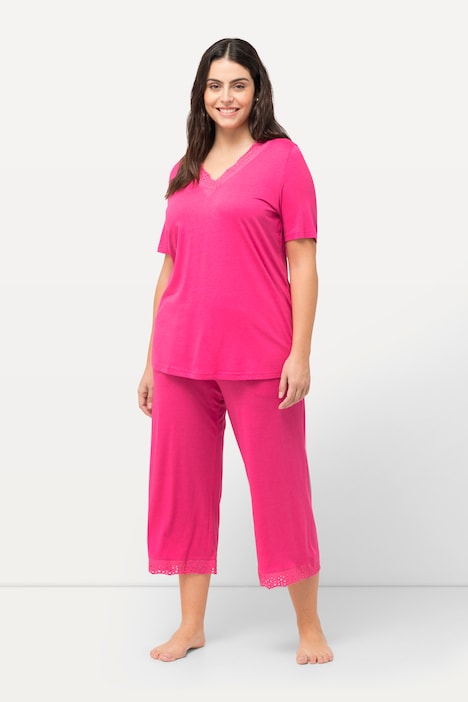 Pyjama, Lochstickerei, V-Ausschnitt, Halbarm, Modalmix