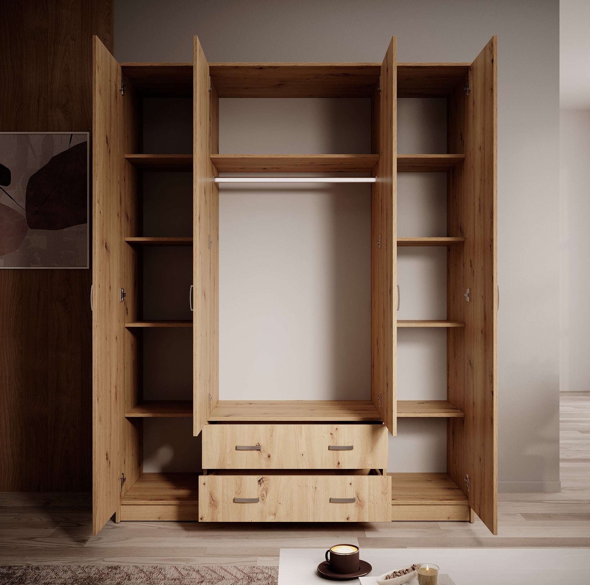 Hinto - Kledingkast 4-deurs - Eiken - 160x52x205 cm