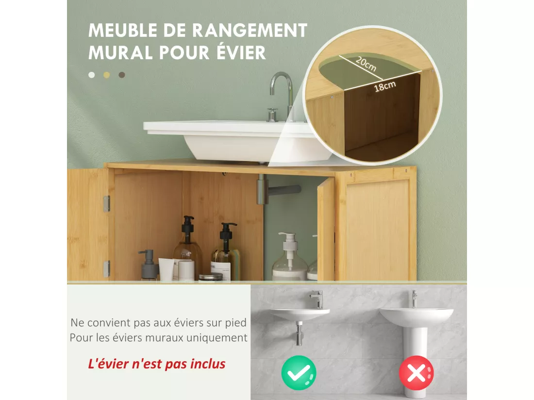 Meuble sous vasque 2 portes étagère - dim. 70L x 33l x 79,5H cm - bambou