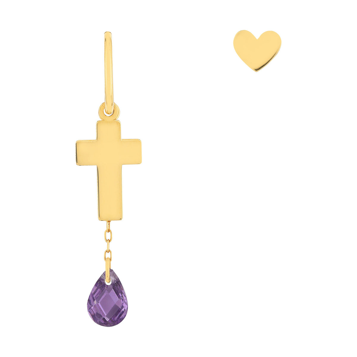 Boucles d'oreilles or 375 jaune coeur, croix et pendant zirconia violet