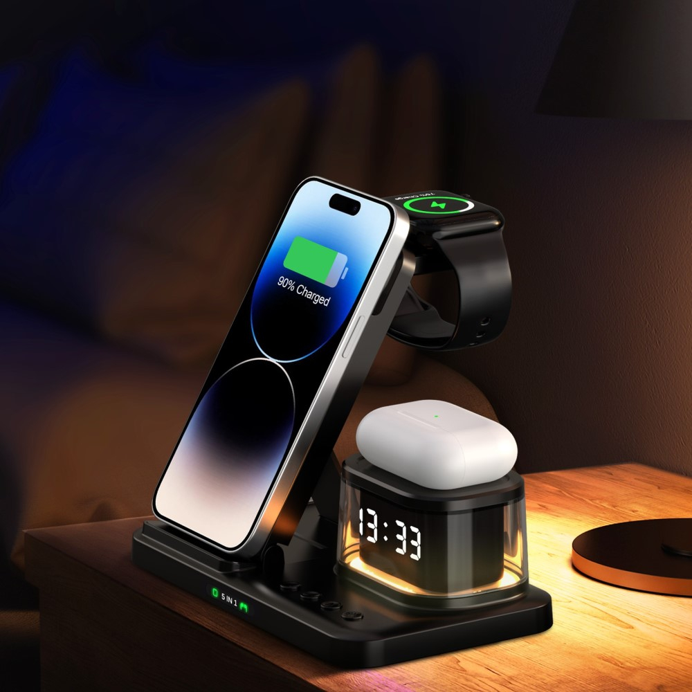 (15W) 5in1 Ladegerät Qi Wireless Charger für Smartphones / Apple Airpods / Apple Watch Ladestation mit Uhrzeit   Nachtlicht - Schwarz
