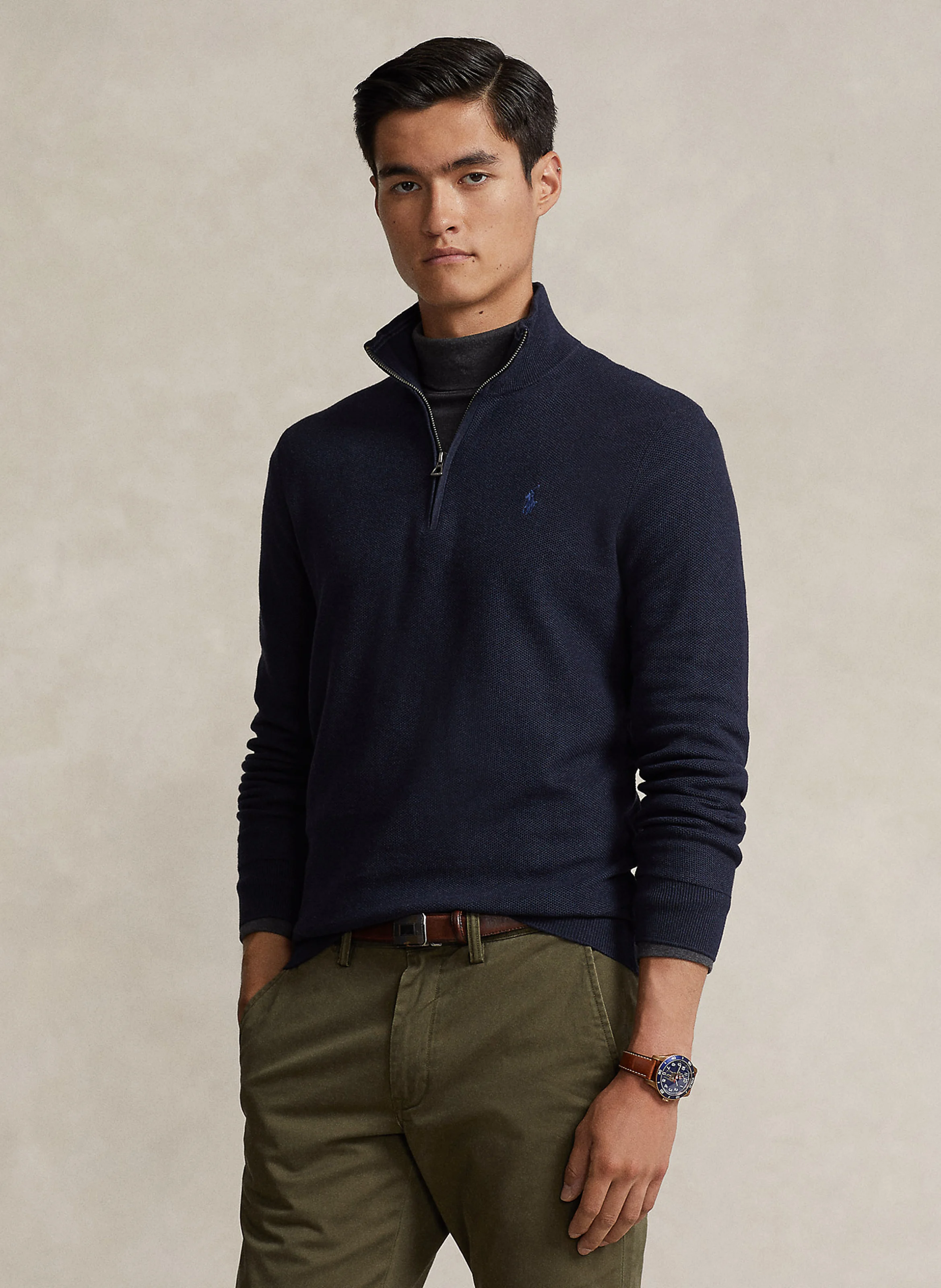 Pull col montant zippé en coton piqué | Bleu