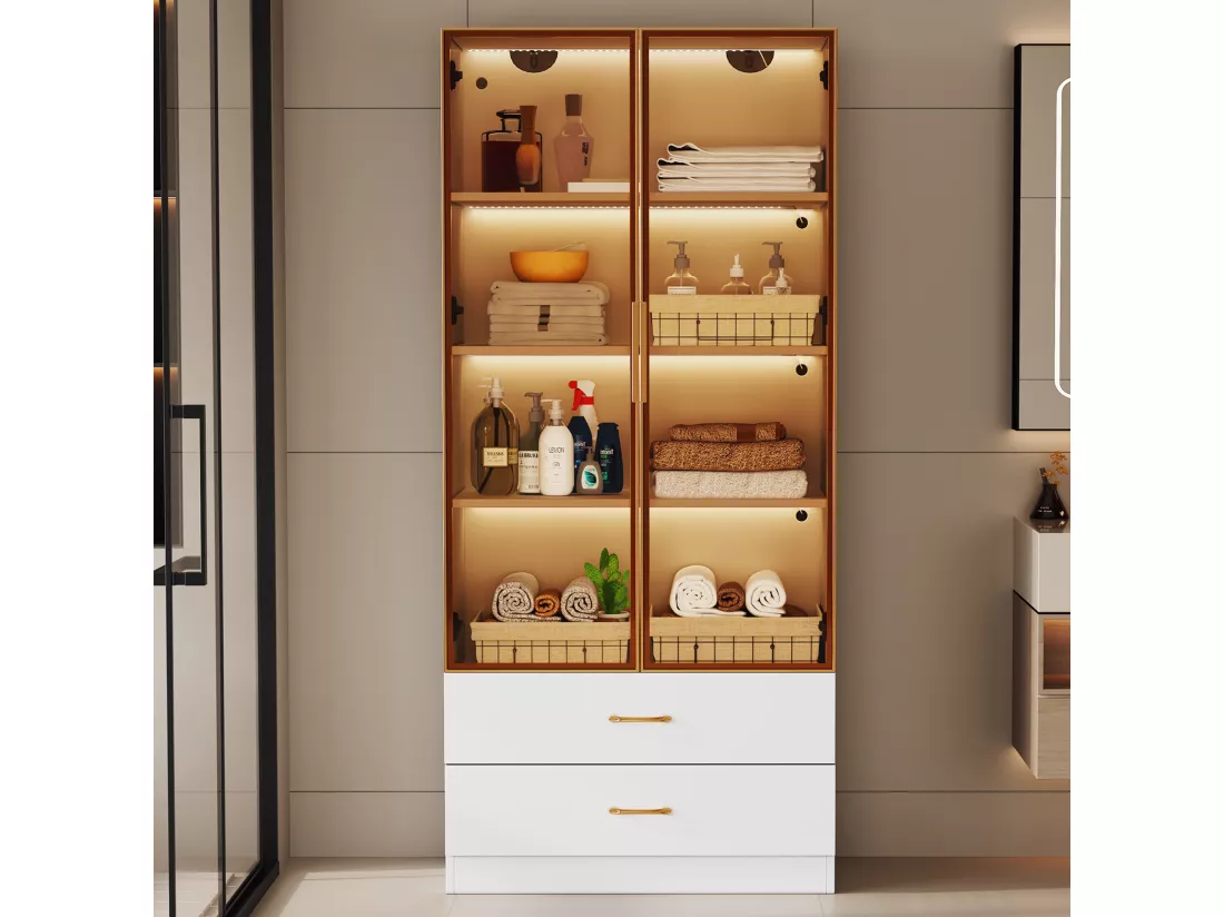 Vitrine, buffet haut avec 2 tiroirs et 2 portes en verre - 75 X 34.5 X 170 cm - Bois MDF - Marron