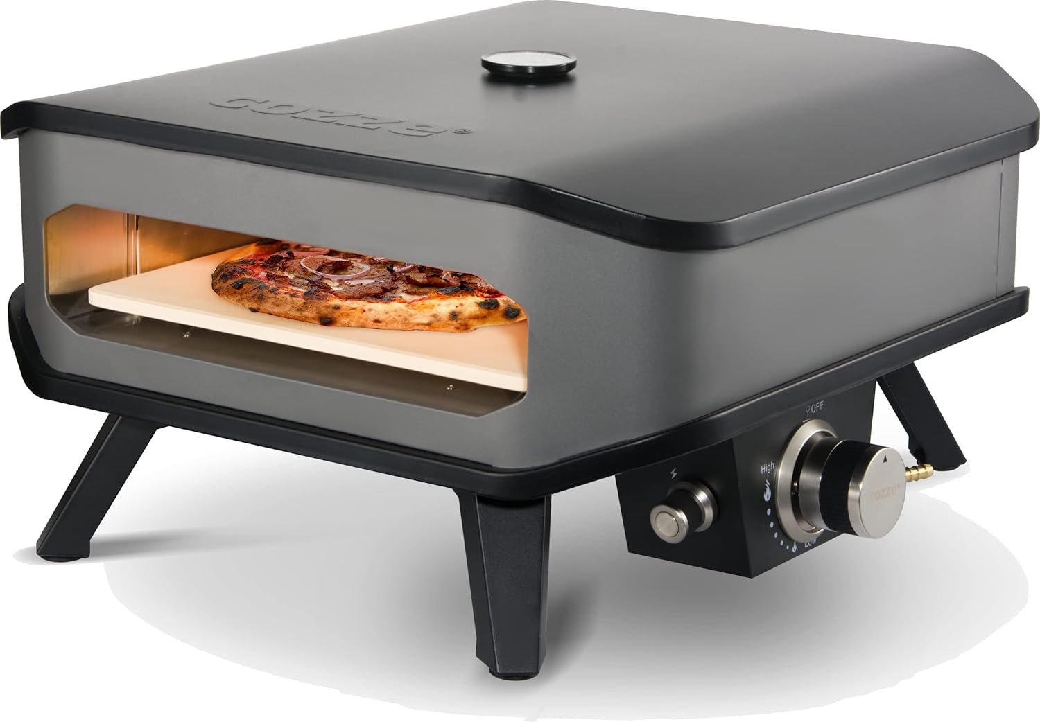 Cozze® 90349 13' Gas Pizza Ofen mit Thermometer mobiler Pizzaofen Pizzastein Gasgrill bis 400 degreeGrad regelbar mit 34x34 cm Pizzastein tragbar Terrasse Balkon, Schwarz