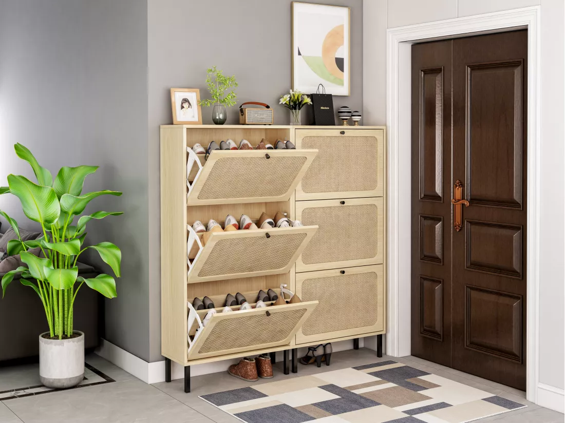 Armoire à Chaussures à 3 Portes avec Décor en Rotin Naturel et Pieds Métalliques Indépendants (Modèle Détachable)