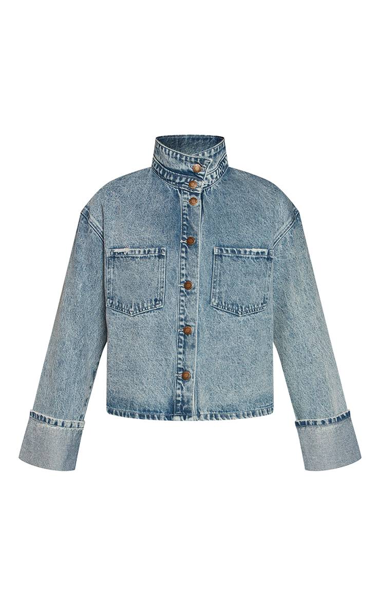 Bleu Délavé Veste En Jean Délavé Bleu Moyen Raccourcie Avec Revers Aux Poignets