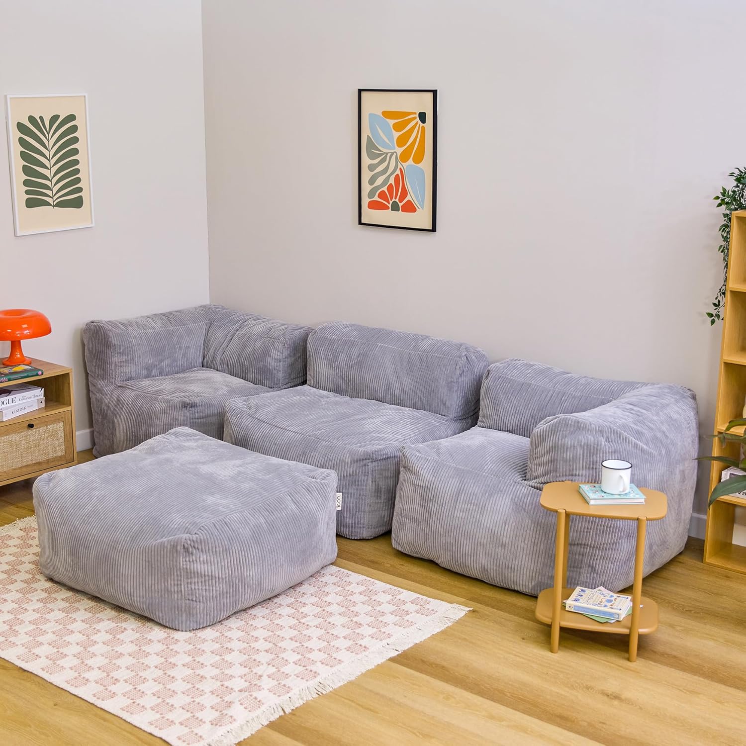 Icon Zen Modular Sofa für Erwachsene, Grau, Flauschiger Cordstoff, 3 Sitzer Ecksofa, Bequemer Bean Bag Sofa mit Schaumstoff Füllung, Relaxsessel, Lounge, Wohnzimmer Möbel