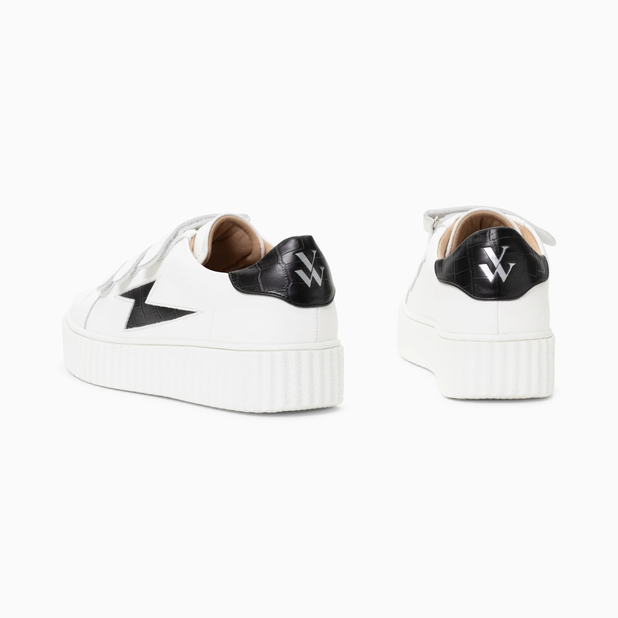 Sneakers-Baskets éclair Elsa blanc et noir croco à scratchs