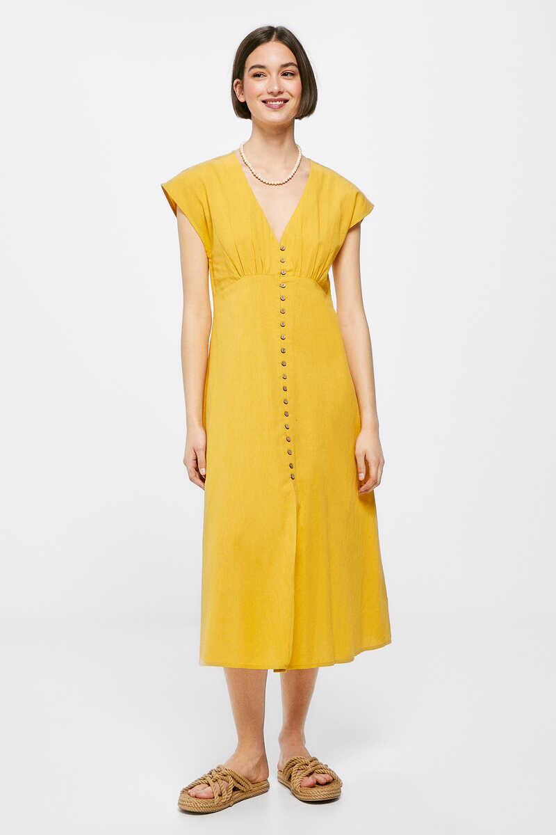 Vestido midi liso com botões, em linho e algodão - estampa amarela
