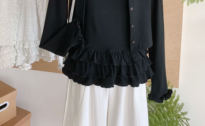Dute - Set: Effen cami-top met ruches + vest met ronde hals