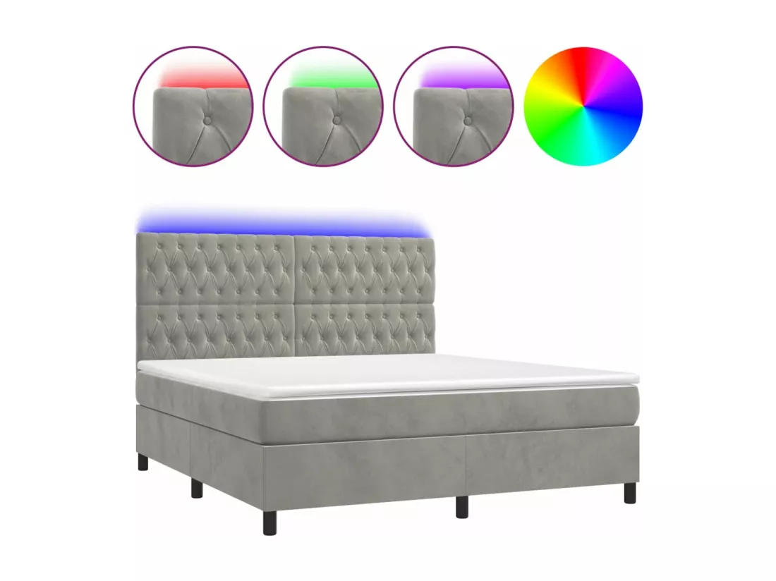 Sommier tapissier matelas et LED Gris clair 180x200 cm Velours