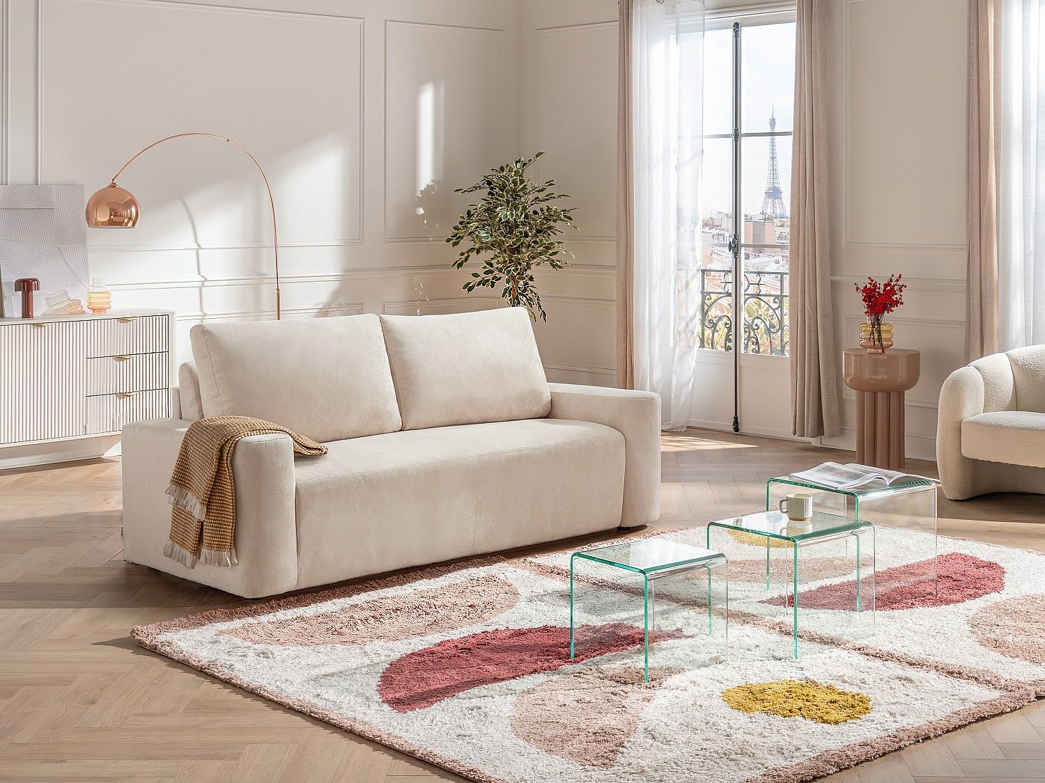 Vente-unique - CanapÈ 4 Places Convertible Express en Tissu texturÈ Beige - Couchage 160 cm - Matelas 16 cm DAVISO