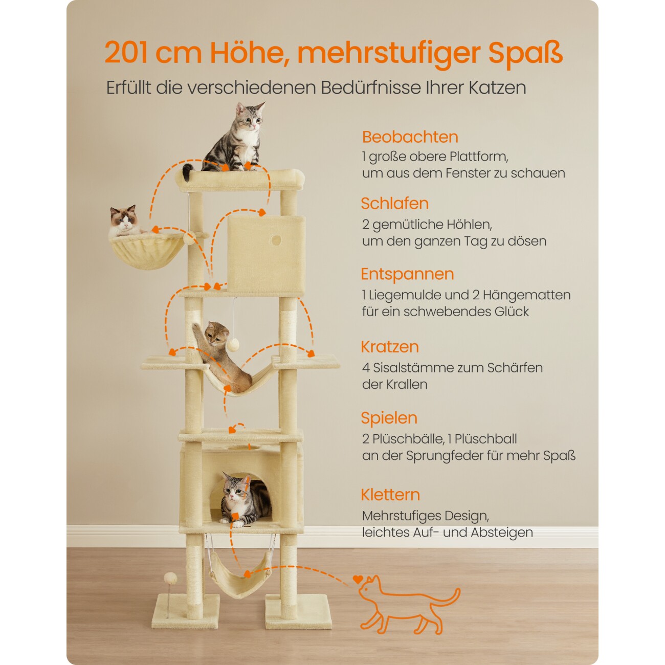 FEANDREA Kratzbaum groß 201cm mehrstöckiger Katzenbaum beige