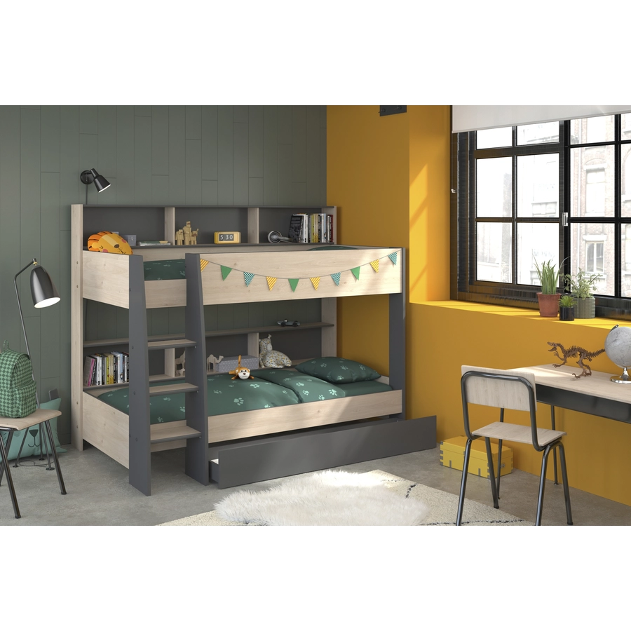 Parisot Etagenbett Tam-Tam 31 mit Bettschubkasten Grau in Eiche Jackson (90x200) Grau