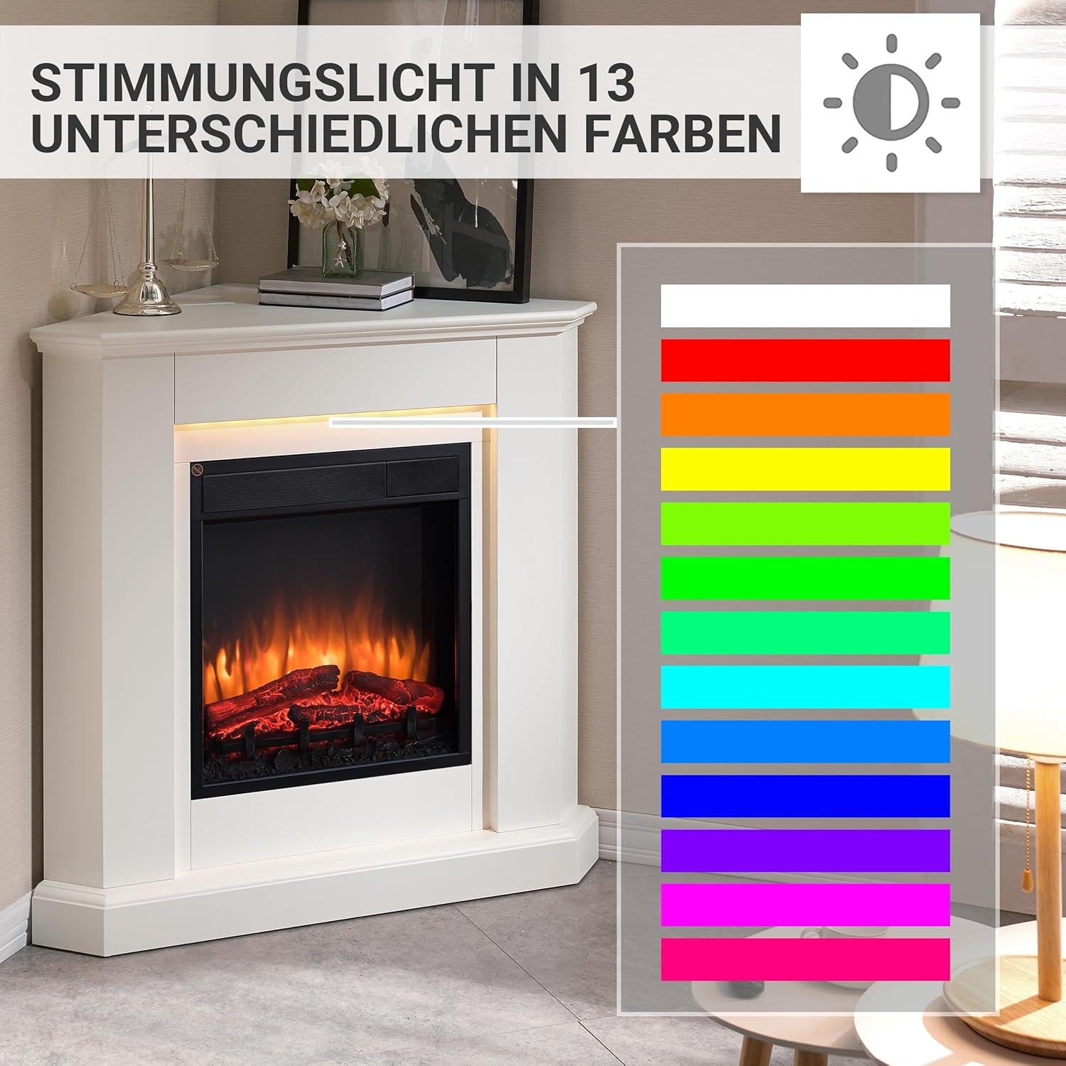 Elektrokamin BALDERIA Candela - Elektrischer Eckkamin mit 3D-Flammeneffekt, Elektro Heizung 2000W, LED-Beleuchtung, Fernbedienung, Timer & Thermostat - Weiß