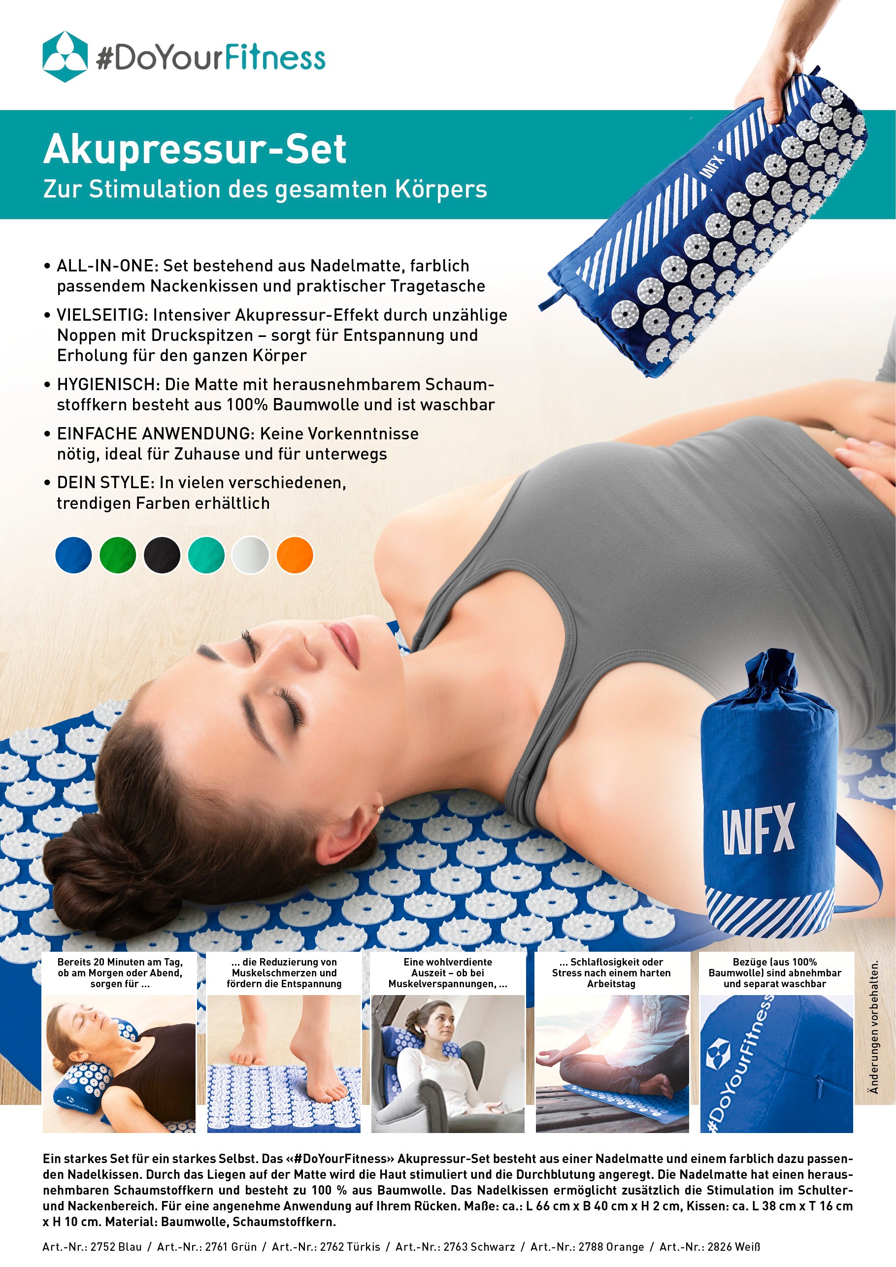 DoYourFitness Akupressur-Set Jimuta 20x20x42cm Tasche/Matte/Kissen versch. Farben