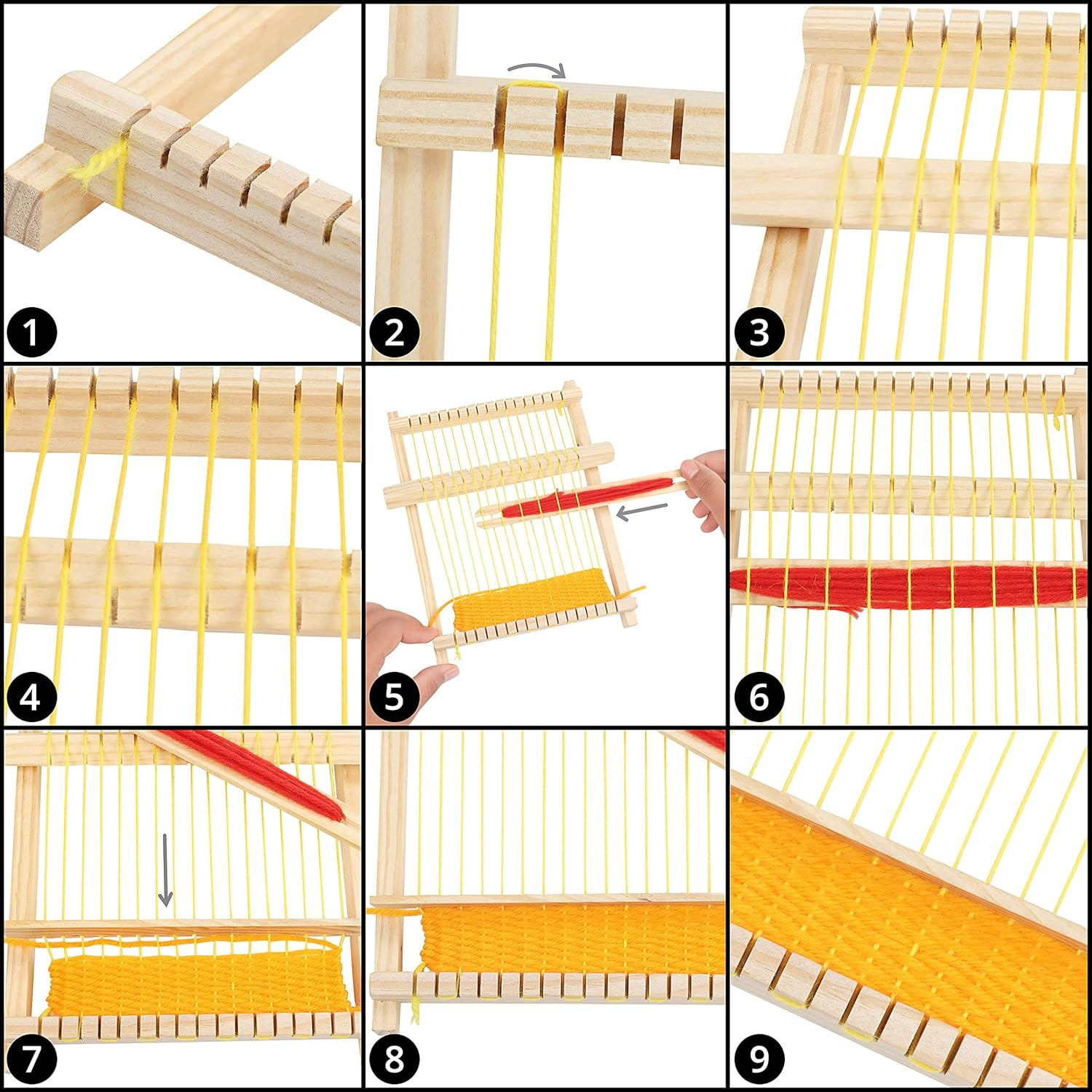 (4-tlg. Set) 210x165mm Holz Webrahmen DIY Strickstuhl Mercerie Hilfsmittel inkl. Garn / Webkamm / Schiffchen - Braun