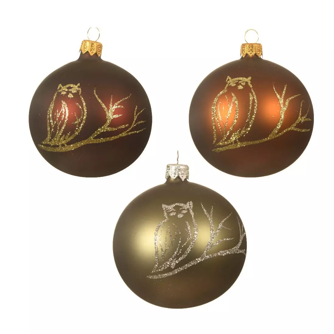 Lot de 6 boules de Noël en verre (D80 mm) Hibou Marron et Vert mousse
