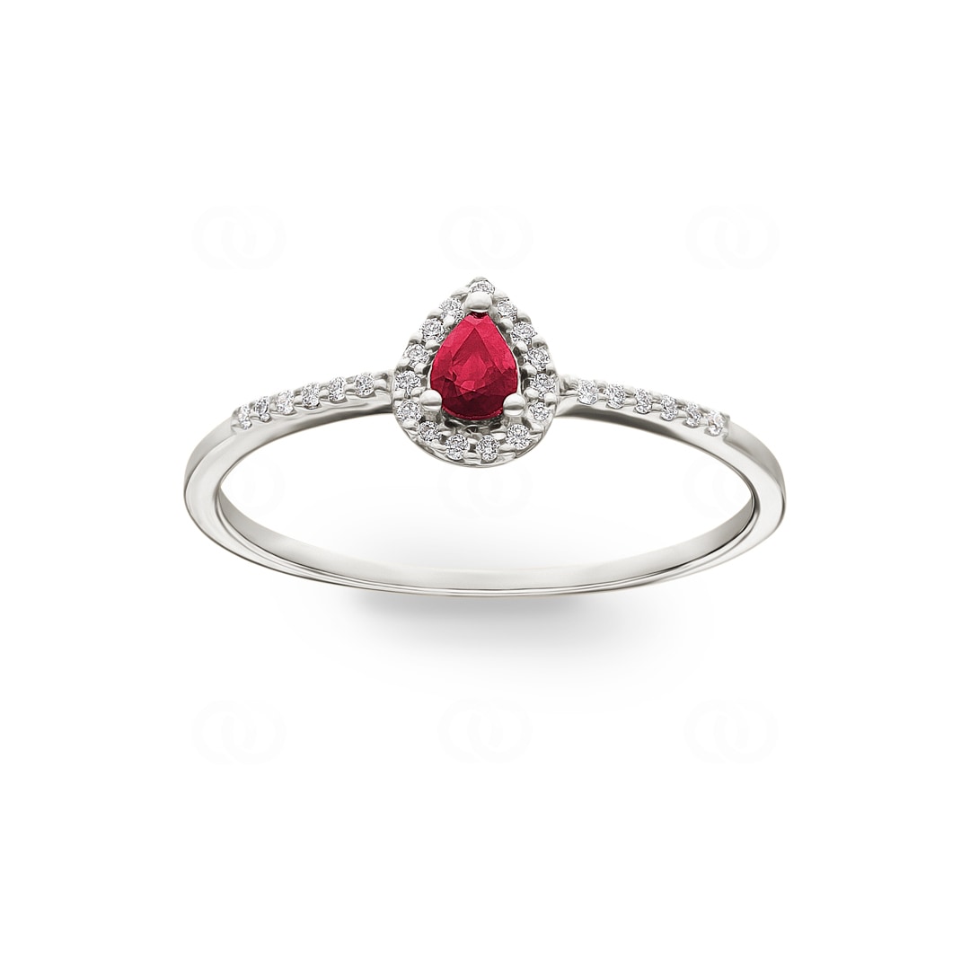 Damenring 750/18 K Weissgold mit Rubin Tropfen und Diamanten 0.08 ct H/si