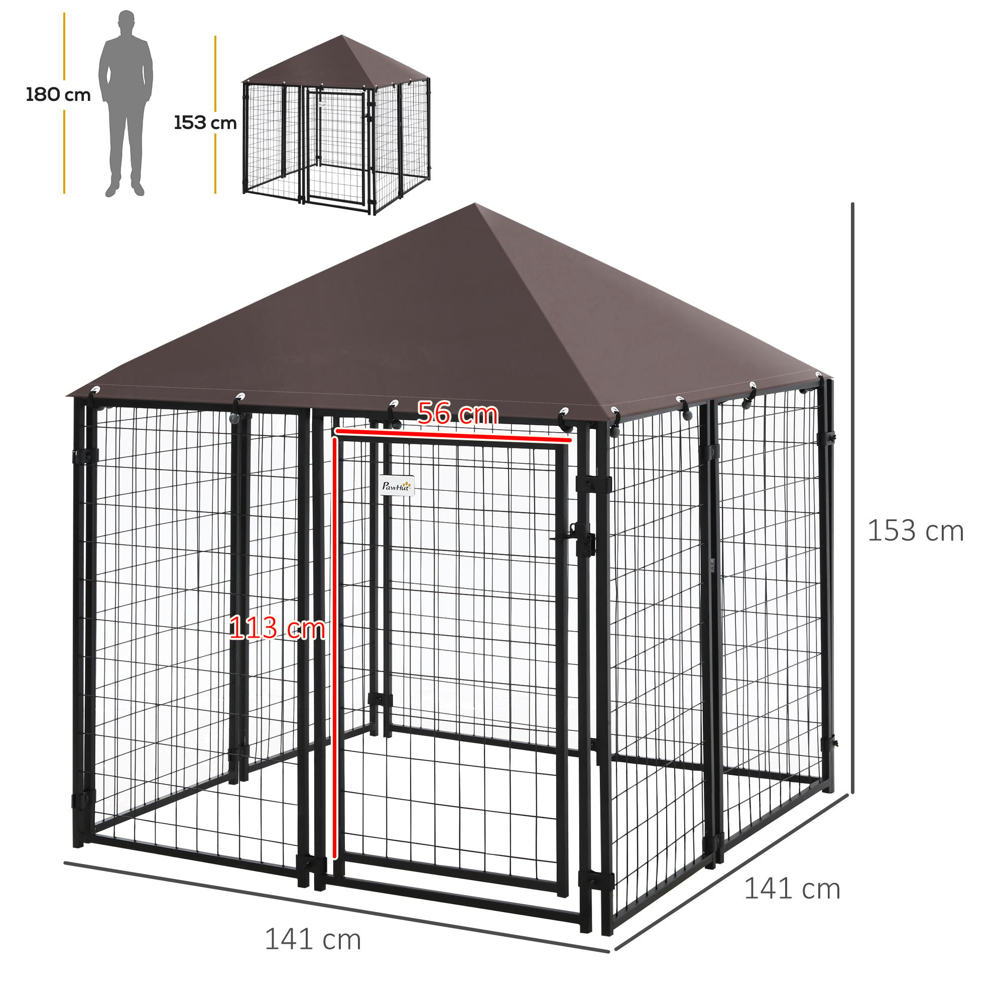 Canil externo PawHut com cobertura, 141x141x153 cm, parque para cães com tela metálica e porta com trava, ideal para terraço, varanda ou pátio. Cor: Preto.