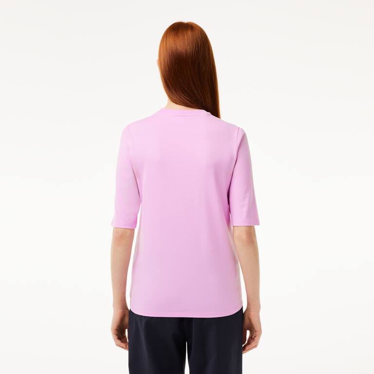 T-shirt à col rond et manches trois-quarts en coton uni T-Shirts - Rose - Lacoste - Femme