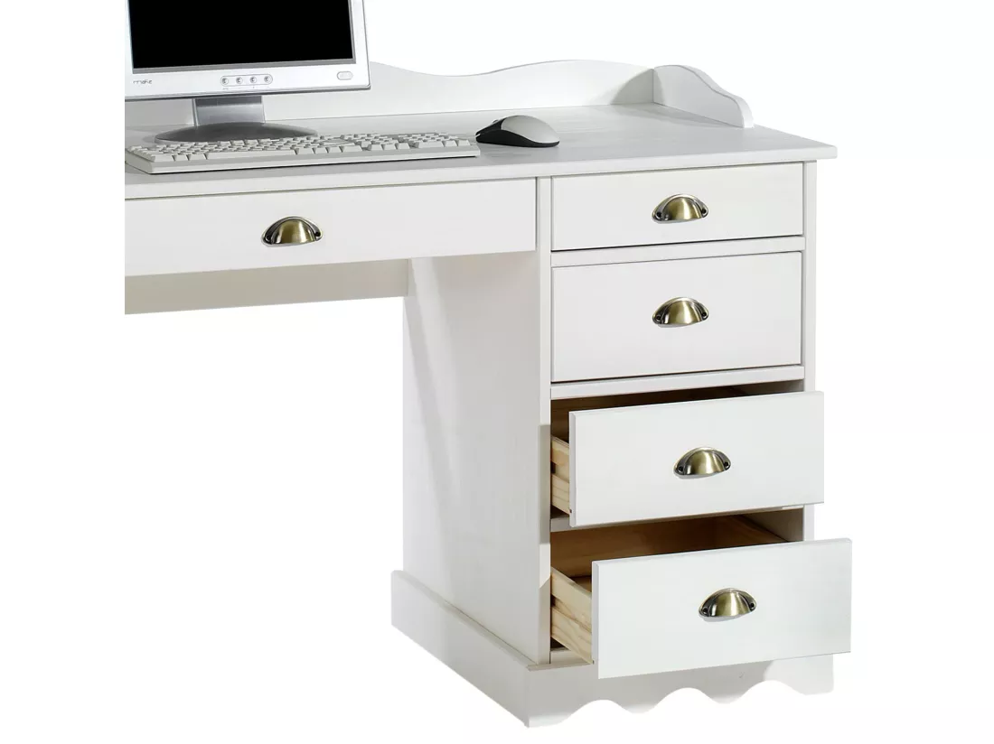 Bureau COLETTE rangement avec 5 tiroirs et plateau avec corniche, en pin massif lasuré blanc