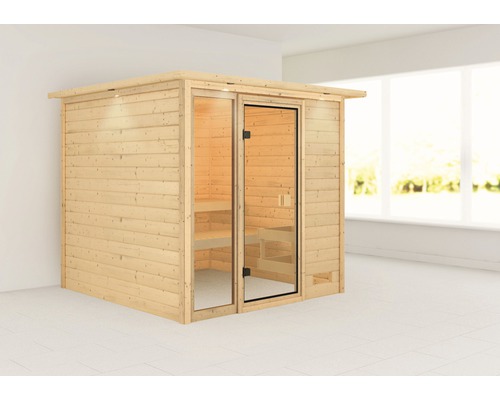Karibu Jutta houtskelet sauna zonder kachel, met dakkroon en gebronsde volledig glazen deur
