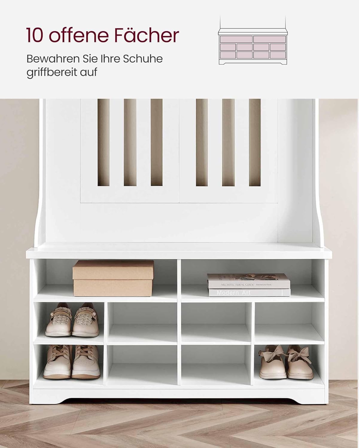 VASAGLE Garderobenständer mit Schuhbank, Garderobe, Schuhaufbewahrung, 5 Dreifach-Haken, freistehend, platzsparend, für Eingangsbereich, Flur, verstellbare Regalebenen, wolkenweiß HSR404T10