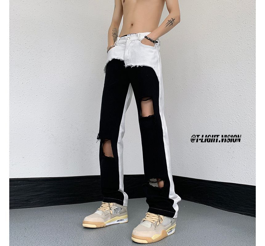ROOSE - Mid Rise Two-Tone Distressed Wide Leg Jeans