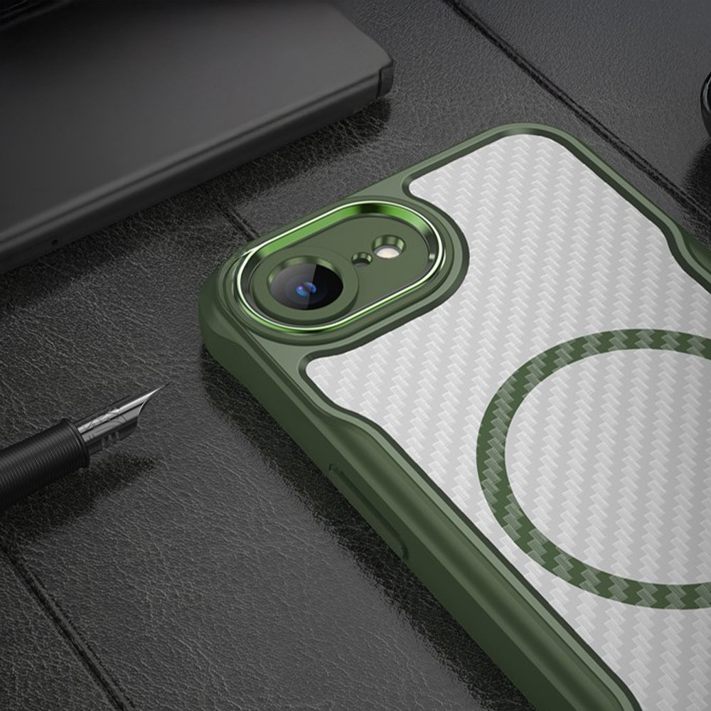 iPhone 16e MagSafe Gummi Case Schutzhülle Carbon Look Air Cushion Fallschutz mit Kameraschutz - Grün / Transparent