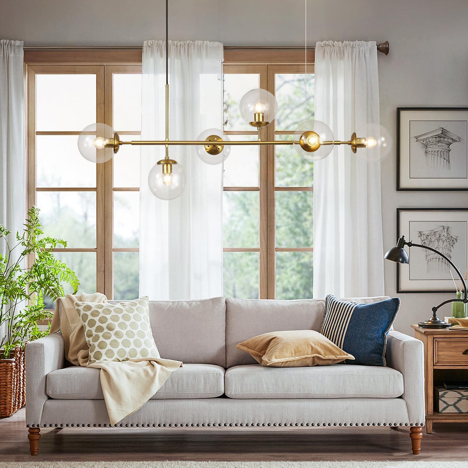 KCO Lighting 6 Light Bubble Kronleuchter Beleuchtung Klarglas Globe Kronleuchter Messing Gold Linear Pendelleuchte Mitte Jahrhundert Moderne Pendelleuchte für Wohnzimmer Küche Insel Esszimmer